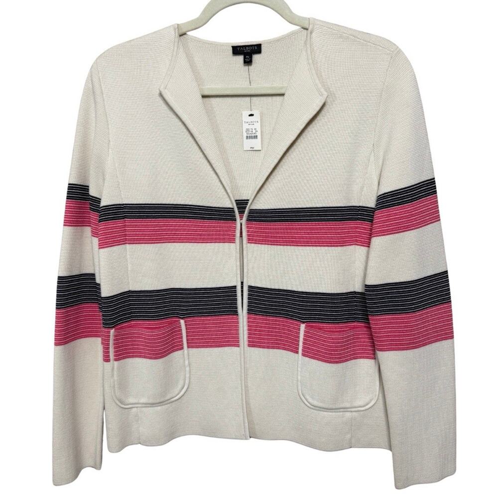 Talbots Petites Striped Cardigan Size MP Ivory Pink Hook & Eye Close Pockets NEW
